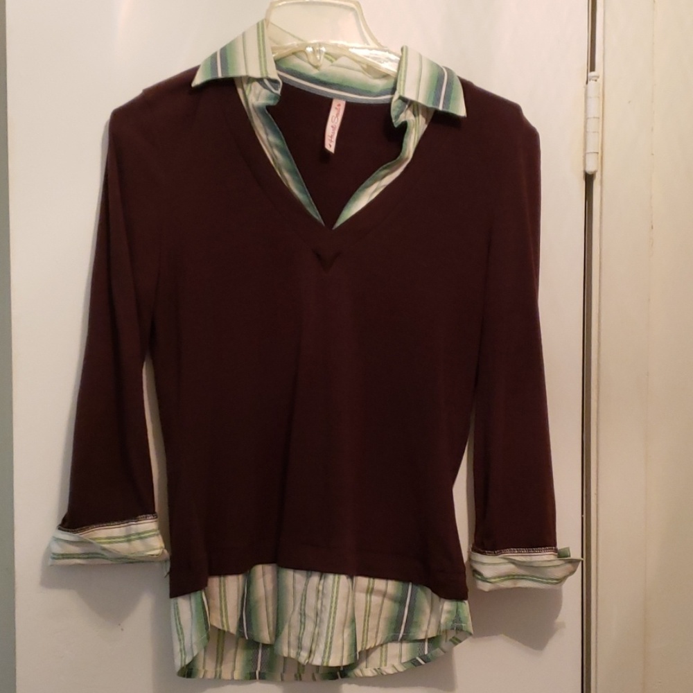 Brown V-Neck Shirt W/Striped Green & White Insert